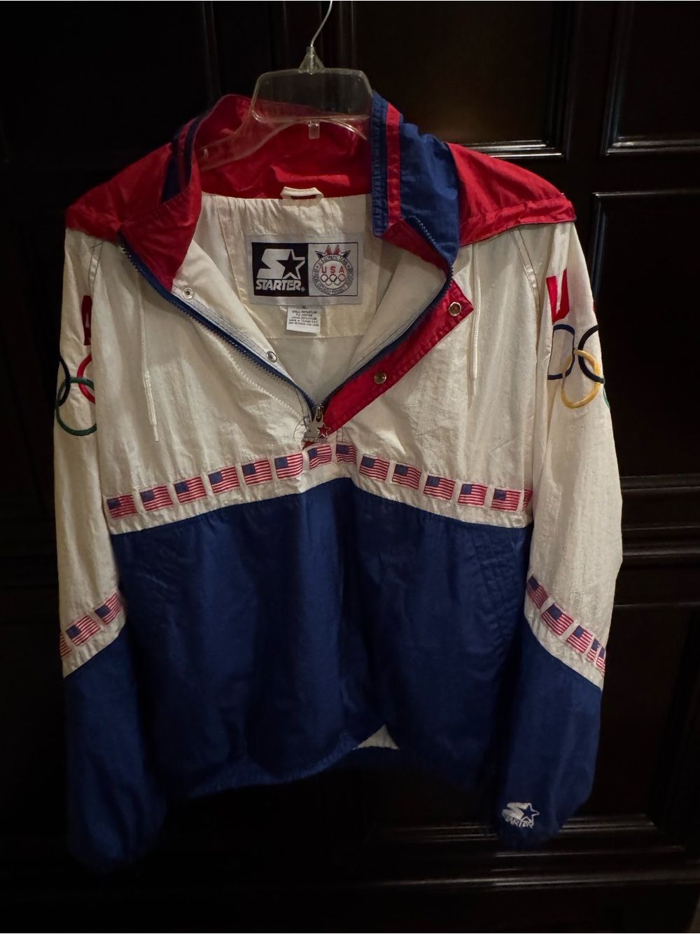 VTG 90s Starter USA Olympic Team 1/2 Zip Pullover Jacket XL Hooded Windbreaker